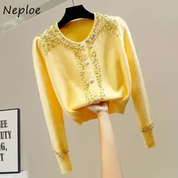 Neploe O Neck Perlen Diamanten Oberbekleidung Herbst Einfarbig Langarm einreiher Pullover Y2k Kleidung Strickjacke Frauen 231228