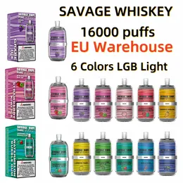 Savage Whisky 16000 Puff Sigarette Elettroniche EU Warehouse 26 ml 650mAh 6 Färger LGB Lätt uppladdningsbar Crystal Vape Pen 5% Disponerbar vs Puff Tornado 12K 15K PULD