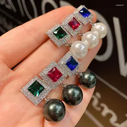 Orecchini pendenti Huitan Trendy Luxury Perla simulata Cubic Zirconia per le donne Verde / Rosso / Blu Colorato CZ Temperamento Gioielli femminili