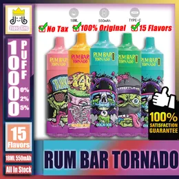 Orijinal Rum Bar Tornado 10000 10K Puff 10000 10K Şarj Edilebilir E Sigara Tek Kullanımlık Vape Kalem 18ml Önceden Dolmuş 550mAh Pil Vs QST Puff Tornado 15000