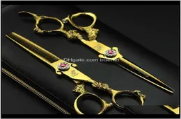 Schwenkschere 6DOT0Quot 2PCS Scharfe Drachengriff goldene Friseur Haarschere Set Salon Schnittdünnschere Frisur Flach T3698489