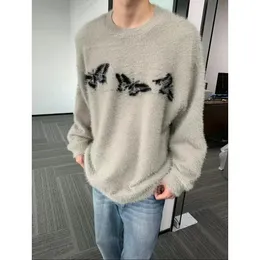 American street couple high-end design butterfly round neck sweater for men and women in autumn and winter loose casual top harajuku y2k 231228