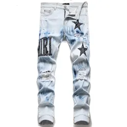 Estrela bordado rasgado jeans y2k masculino high street punk estilo streetwear calças para homem magro estiramento lápis pantalones ropa 231228