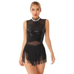 Scene Wear Womens Latin Dance Dress Shiny Sequin Rhinestone fransed Mesh Splice Leotard Cha-Cha Tango Rumba Samba Performance Costume