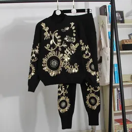 Great quality sequins beading knit suits female heavy industry flowers long sleeve sweater pant two pieces sets wq2167 231228