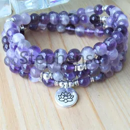 MG0674 Bracelet Mala 108 en améthyste de rêve de qualité A pour femmes, 4 enveloppes de perles d'énergie en cristal violet, pierre précieuse naturelle, breloque Lotus B2597