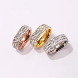 Novidade moda feminina 316l titânio aço três fileiras diamante branco 18k banhado a ouro anéis de casamento de noivado 3 cores tamanho 6-9291g