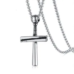 Hip Hop Baseball Cross Anhänger Halskette Edelstahl Ball Fledermaus-Fledermaus-Fledermauskette Männer Collares 24 für Jungs Sport Schmuck PN-1096260a