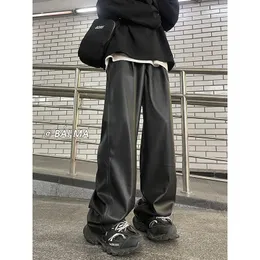 Kaffe svart läderbyxor män överdimensionerade mode casual byxor män streetwear koreanska lösa breda benbyxor män byxor s-2xl 231228