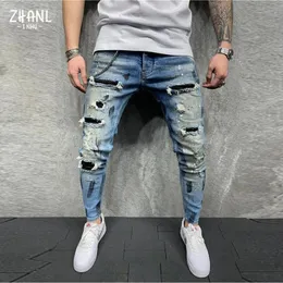 Roupas masculinas rua moda jeans magro ajuste rasgado estiramento homem buraco retalhos casual jogging denim lápis calças 231227