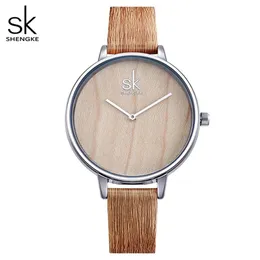 Shengke novo criativo relógios femininos moda casual relógio de couro madeira simples feminino quartzo relógio de pulso relogio feminino273n