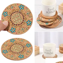 Paspaslar Yuvarlak Doğal Cork Coasters Isıya Dayanıklı Desenli Paspaslar Anti-ölçeklendirme Coaster Masa Koruma İçeceği LX4663 Bırak Deli DH8TE