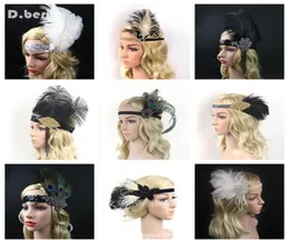 4PCSLOT Women Feather Headband Hårtillbehör Rhinestone Pärled Sequin Hair Band 1920s Vintage Gatsby Party Headpiece5820961