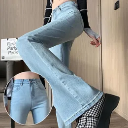 Retro Blue Elastic Jeans Womens High midja Show Flare Pants Ankomst Desnim Wide Leg Slim Fit 231228