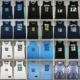 2023-24 New City Basketball Jersey 12 Ja Morant 스티치 블랙 흰색 블루 저지 남성 S-XXXL