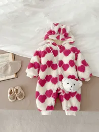 Winter Newborn kids love heart fleece romper baby hooded long sleeve thicken warm jumpsuits Valentine's Day infant boys girls outwear Z6362