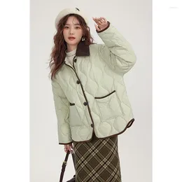 Trench da donna Stile Colore verde Comodo abbigliamento imbottito Cappotto versatile in cotone a cilindro dritto con rombo retrò invernale