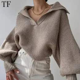 Kobiety moda solidne pullover krawędzi Swetery Lantern Rękaw 11 Sweter Małer Loose Fit Streetwear Top 231228