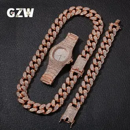 Novo moda personalizada 20mm Blingbling Mens Cuba Chain Chain Chain Bracelet Watch Set Set Hip Hop Rapper Jewelry Gifts para M273R