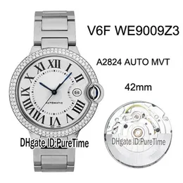Новые автоматические мужские часы V6F WE9009Z3 ETA A2824 с бриллиантовым безелем, белый текстурированный циферблат, черные римские маркеры, стальной браслет, версия 275y
