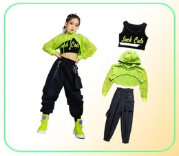 Traje de jazz hip hop meninas roupas verdes tops manga líquida preto hip hop calças para crianças desempenho moderno dança roupas bl5311 22070295