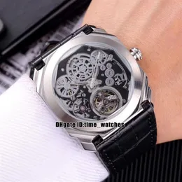 Neue OCTO Tourbillon 102719 BGO40PLTBXTSK Automatik-Herrenuhren, silbernes Gehäuse, schwarzes Lederarmband, 42 mm, hohles Zifferblatt, beliebte Herrenuhr spo254w