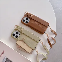 Luxury Shoulder Cross Grain Leather Phone Case for iPhone 15 Plus 14 13 Mini 12 11 Pro Max Stylish Ring Holder Wristband Card Slot Wallet Clutch Kickstand Back Cover