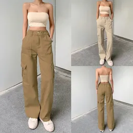 Women's solid color cargo pants high waisted straight leg buttoned jeans pocket khaki/brown 231228