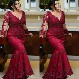 Vintage Burgundy Uzun Kollu Balo Gelin Elbiselerinin Annesi 2022 Artı Beden Dantel Boncuklu Sequin Akşam Kırmızı Halı Resmi Gowns D1846592