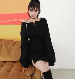Ruibbit, весенне-осеннее женское готическое мини-платье в стиле панк для девочек, высокое качество, сексуальное черное платье с открытыми плечами с длинными рукавами, модное
