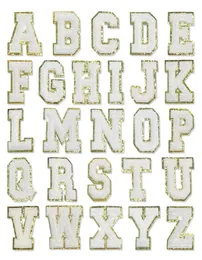 Uppfattningar White Letter Alfabetet Patch Glitter Chenille broderade lappar för DIY -klädhattar Jacka Järn på tillbehör Applique8570706