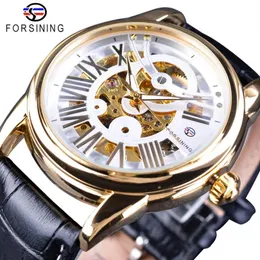 Forsining Watch 공식 독점 유한 남성 Golden Bezel Genuine Leather Belt Mens Automatic Skeleton Watch Top Brand Luxu210m