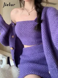 Jielur фиолетовый сексуальный вязаный комплект из 3 предметов, женский повседневный элегантный вечерний мини-юбка, женский корейский дизайнерский свитер, костюм, женский 231228