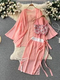 Arbetsklänningar singreiny erotiska kinesiska stil mesh sexiga kostymer 2023 tryck mini camis cardigan sjal topp split kjol kvinnor pyjamas 4 stycken uppsättningar