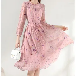 Casual Dresses EVNISI Women Elegant Floral Printing Pink Dress Long Sleeved Slim A-line Office Vestido Autumn Winter 2023