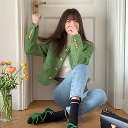Kadın Ceketleri Lucyever Kore Şık Yeşil Kısa Kadınlar Sonbahar Kış 2023 Moda Sokağı O Boyun Kırpılmış Ceket Düğmeleri Tweed Outerwear Top