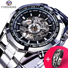 Forsining Watch Bracelet Set Combination Silver Stainless Steel Men's Skeleton Transparent Mechanical Male Wrist Watches Cloc302U