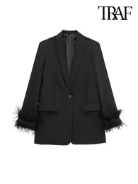Traf Women Mode mit Federn Frontknopf Blazer -Mantel Vintage Langarmklappe Taschen Frauen Außenbekleidung Chic Vestes 231227