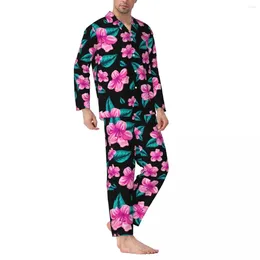Мужская пижама с тропическим цветочным принтом, пижамный комплект с гавайским цветком, удобный мужской повседневный свободный ночной костюм с длинными рукавами из двух предметов, большой размер