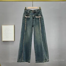 Jeans da donna Pantaloni larghi oversize da donna larghi 2024 Primavera a vita alta che dimagrisce Gamba larga con diamanti incastonati europei allungati