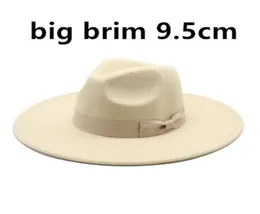 95 cm großer Krempe Wolle Filz Fedora Hüte mit Bogengürteln Frauen Männer große einfache klassische Jazzkappen Solid Color Formal Church Cap7628970