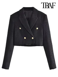 Traf Women Fashion Tweed przycięty płaszcz Blazer Vintage Front Front Buttons żeńska odzież wierzchnia elegancka veste femme 231227