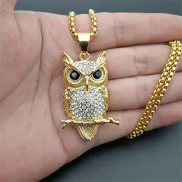 Hip Hop Iced Out Eule Anhänger Halskette für Frauen Goldene Farbe 14 k Gelb Gold Tier Bling AAA CZ Halsketten frauen Schmuck