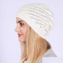 Beanie/Skull Caps Solid Color Hollowed Out Thin Plover Hat Women Knitted Warm Beanie Skl Caps Fashion Accessories Drop Deliv Dhgarden Dhfpn