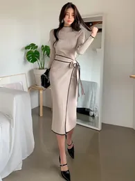 Vintage Patchwork Slim Woman Dress Long Sleeve Knitted Midi Dress Women Sweater Knit Dress Elegant Autumn Clothes 231228