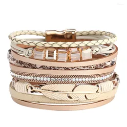 Charm Bracelets Women's Feather Wrap Bracelet Crystal Handmade Jewelry Bohemian Gift Men Vintage Multilayer Leather Braid