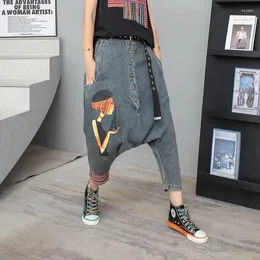 Женские джинсы, мешковатые джинсовые брюки через плечо, женские ковбойские брюки в стиле Харадзюку с милой девушкой и принтом в стиле хип-хоп в стиле Харадзюку.