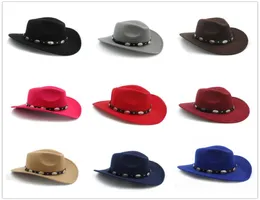 Sombrero de fieltro de lana sintética para hombre y mujer, sombrero de vaquero occidental con ala ancha, cinturón de cuero Punk, gorra de Jazz2756306