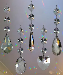 5 stuks kristallen kroonluchter lamp prisma's deel hangende glazen druppelvormige hangers met achthoekige kralen zilveren ringetjes connector1340897