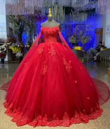 Quinceanera Dresses Red Party Prom Ball Gown Off-Shoulder Applique Beaded Custom Zipper Lace Up Plus Size New Tulle